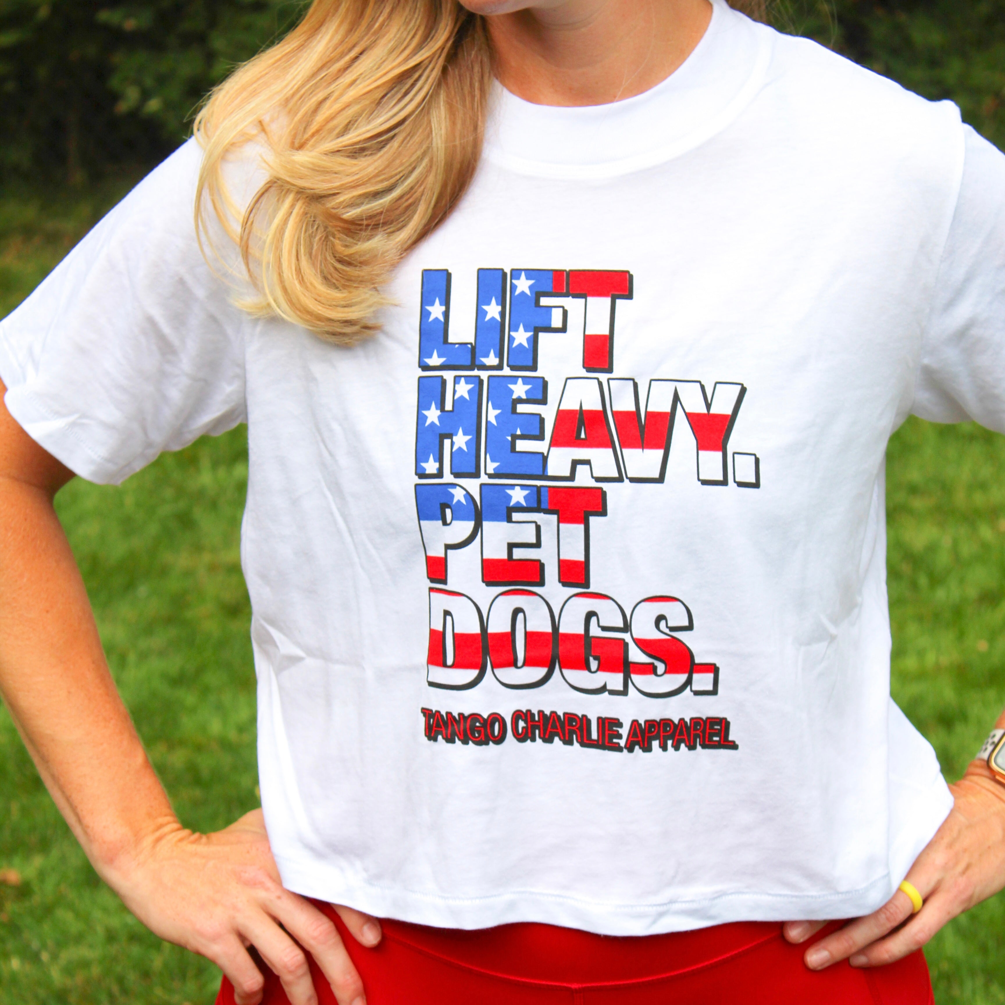 Lift Heavy. Pet Dogs. - ‘Murica Edition Cropped Tee