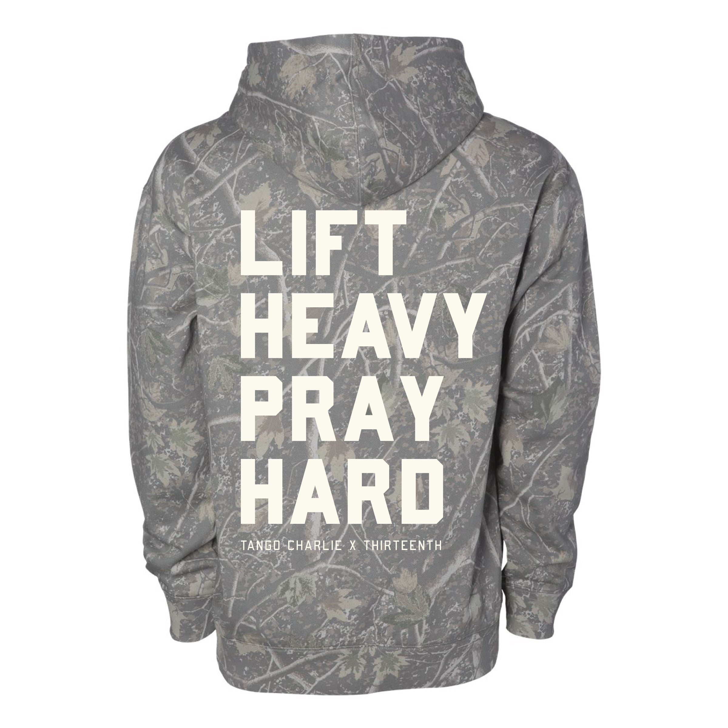 Lift Heavy. Pray Hard. - Premium Deadwood Camo Hoodie