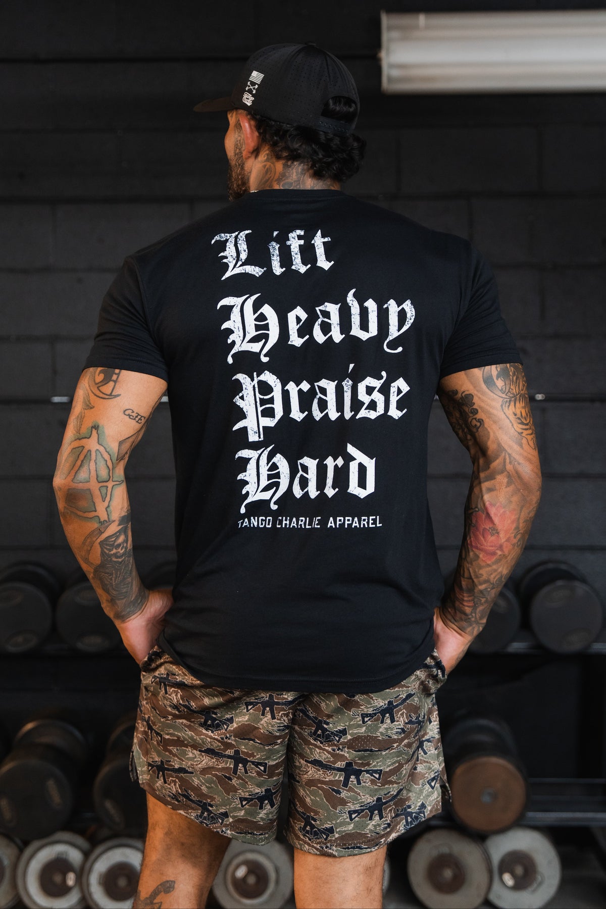Lift Heavy. Praise Hard. Black Tee