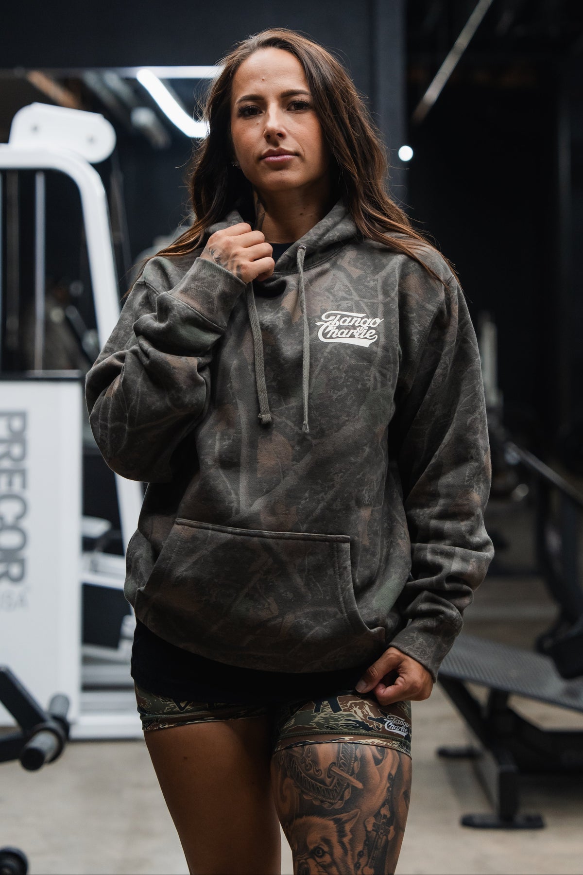 Lift Heavy. Trust God. - Premium Darkwood Camo Hoodie