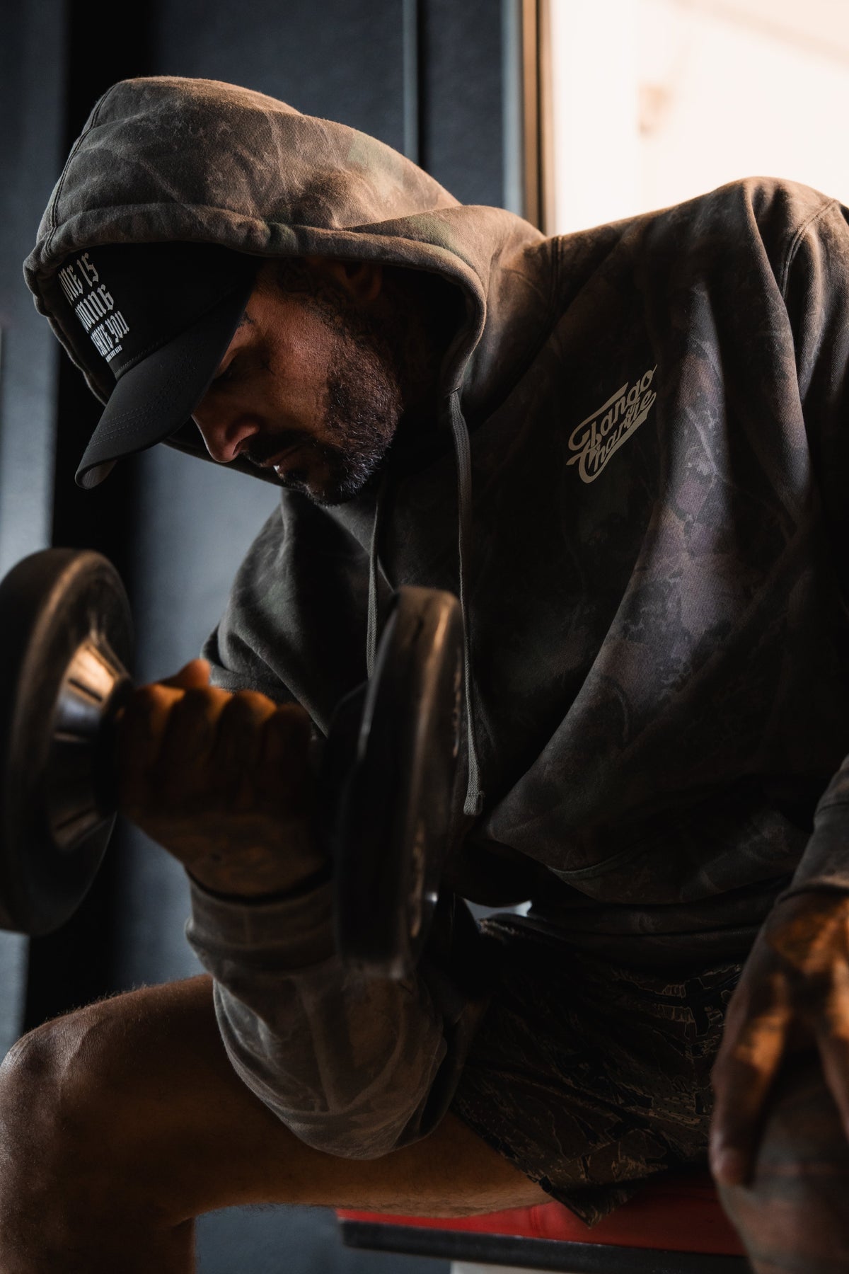 Lift Heavy. Trust God. - Premium Darkwood Camo Hoodie
