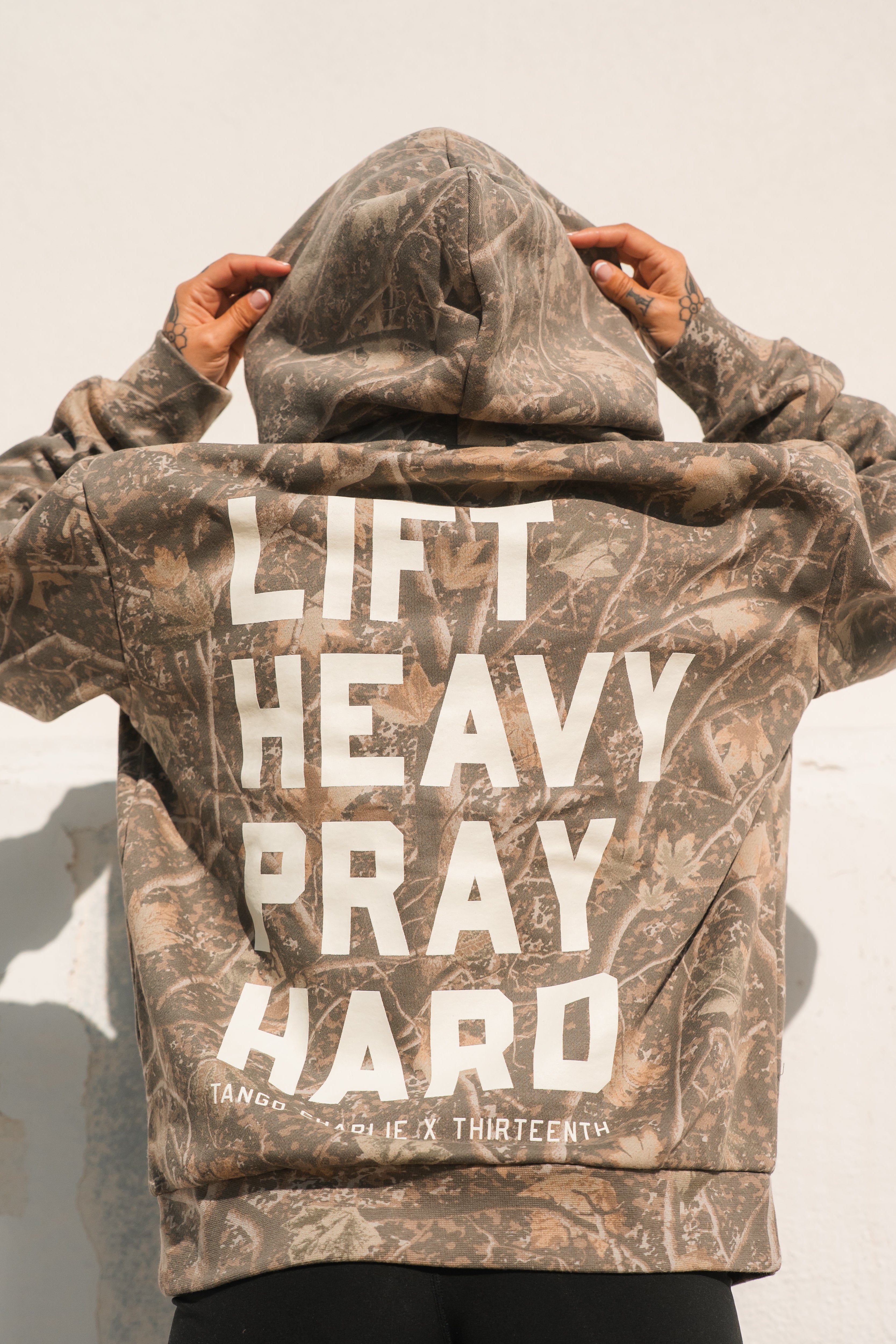 Lift Heavy. Pray Hard. - Premium Deadwood Camo Hoodie