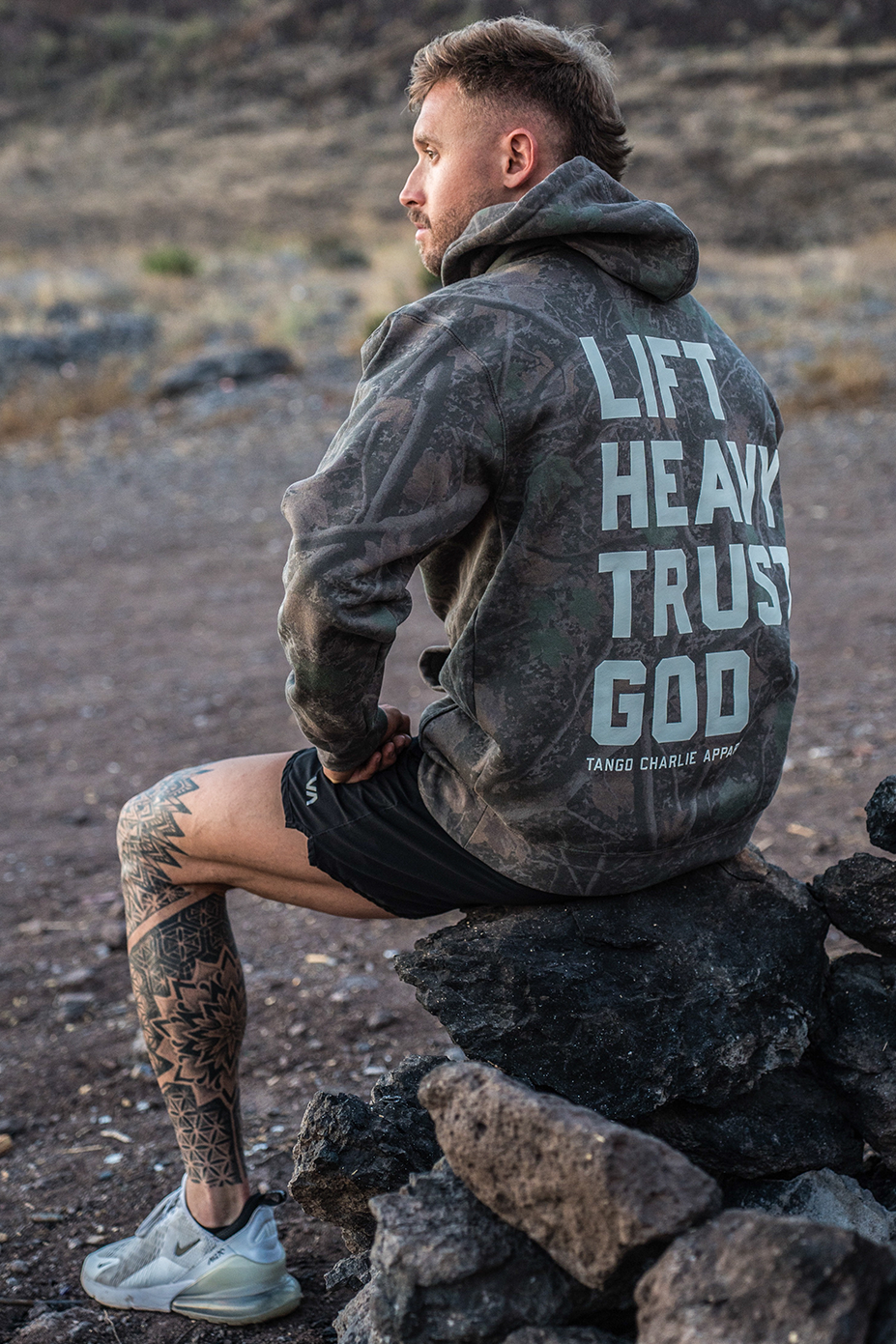 Lift Heavy. Trust God. - Premium Darkwood Camo Hoodie