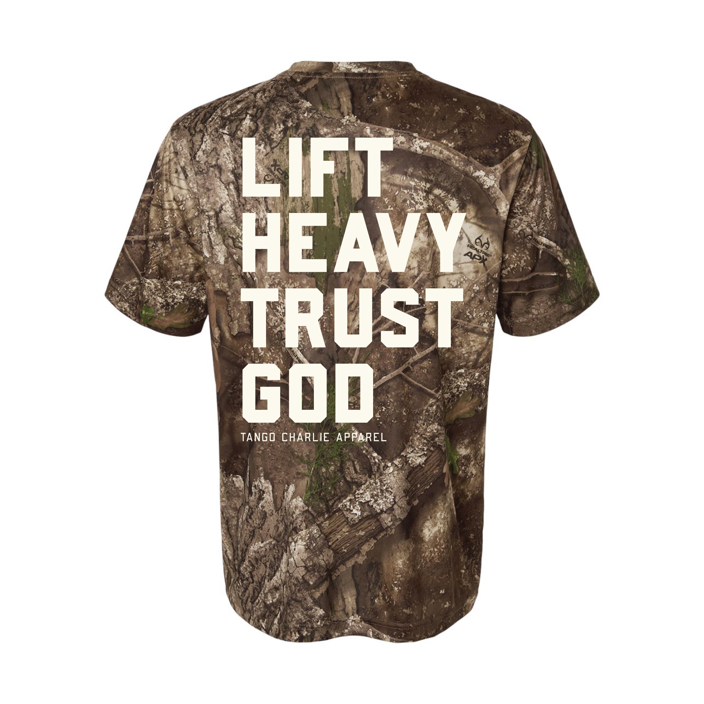 Lift Heavy. Trust God. - Realtree Premium Camo Tee
