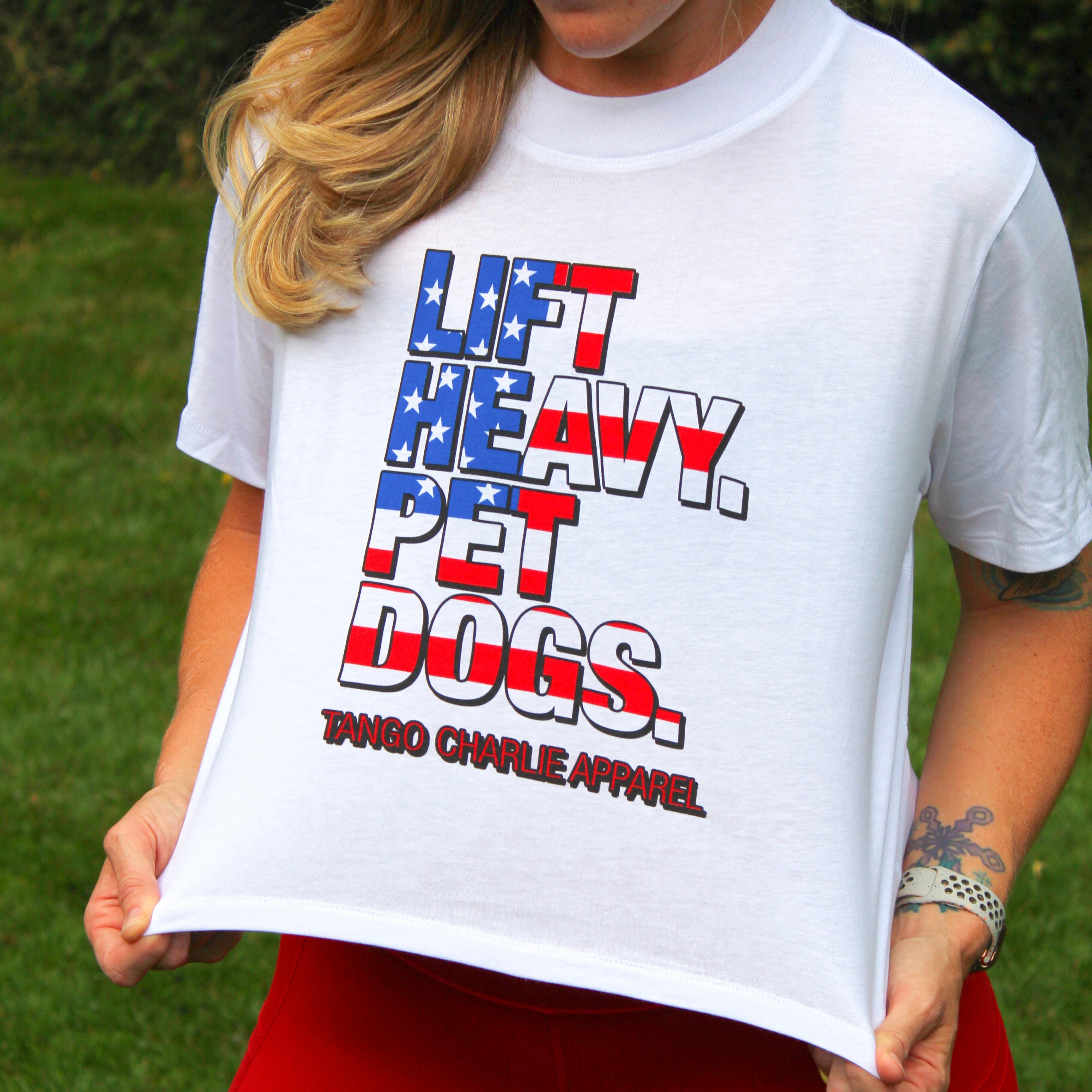 Lift Heavy. Pet Dogs. - ‘Murica Edition Cropped Tee