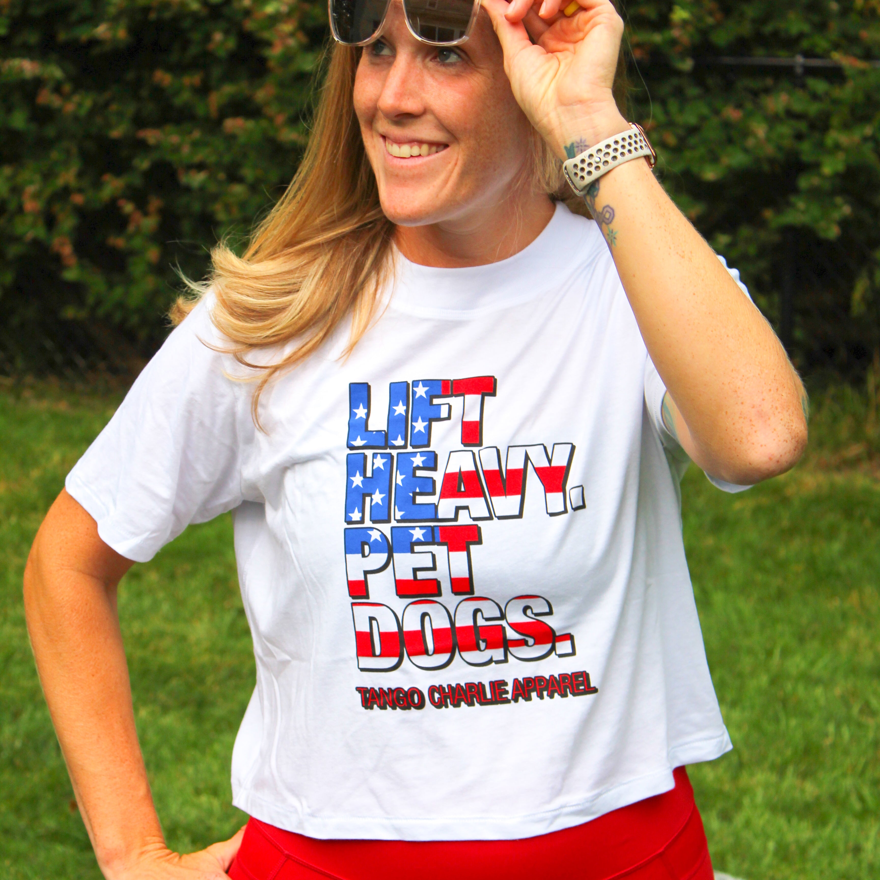 Lift Heavy. Pet Dogs. - ‘Murica Edition Cropped Tee