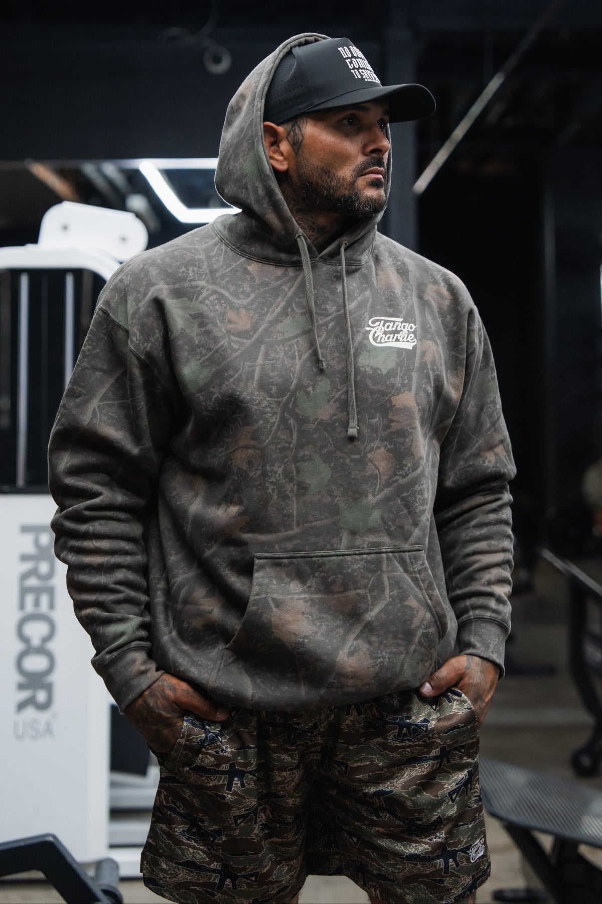 Lift Heavy. Trust God. - Premium Darkwood Camo Hoodie