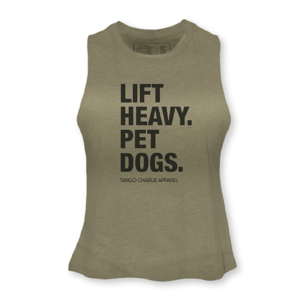 Lift Heavy. Pet Dogs. - Women’s Racerback Crop Tank